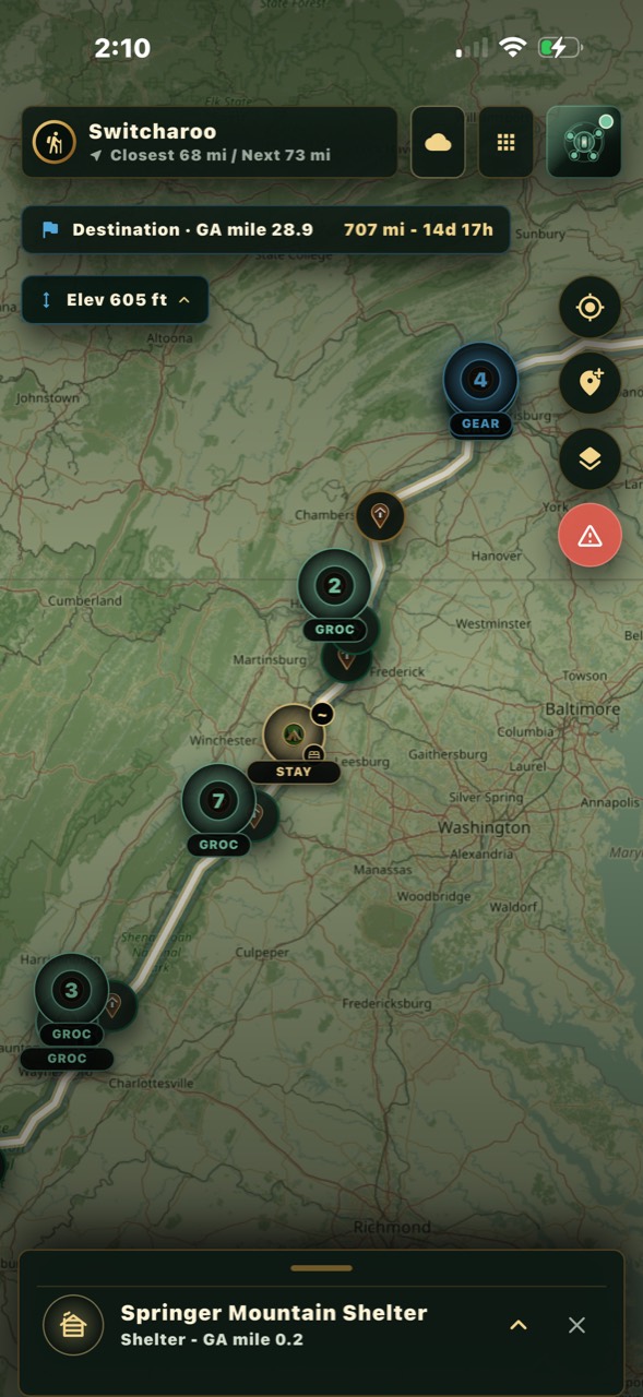 TrailDash map with shelters, water, and resupply markers
