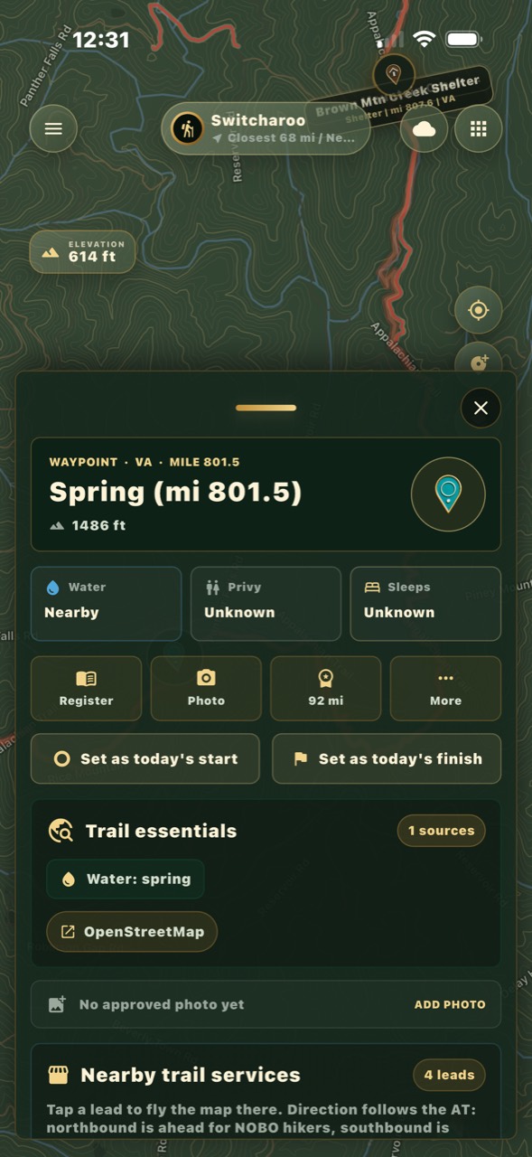 A detailed water waypoint page with trail essentials and nearby services