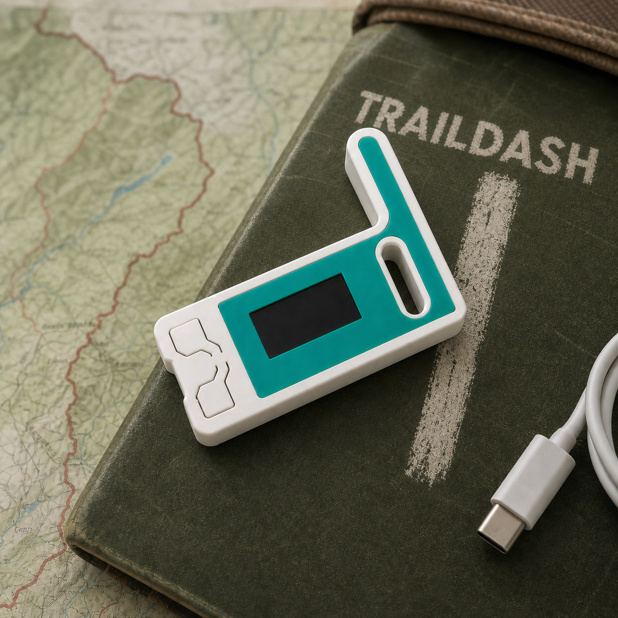 TrailDash V3 LoRa controller resting on a field journal marked with the TrailDash blaze treatment